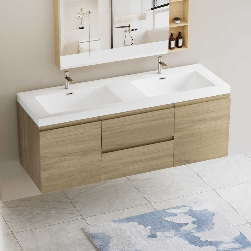 60" Natural Oak Floating Bathroom Vanity With Double Resin Top Basins And Soft Close Drawers (HBG47281)-HBG