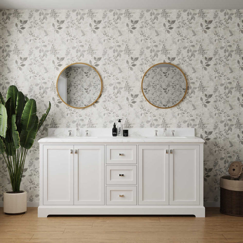 72" White Bathroom Vanity With Carrara Marble Countertop And Ceramic Sink (HBG90537)-HBG