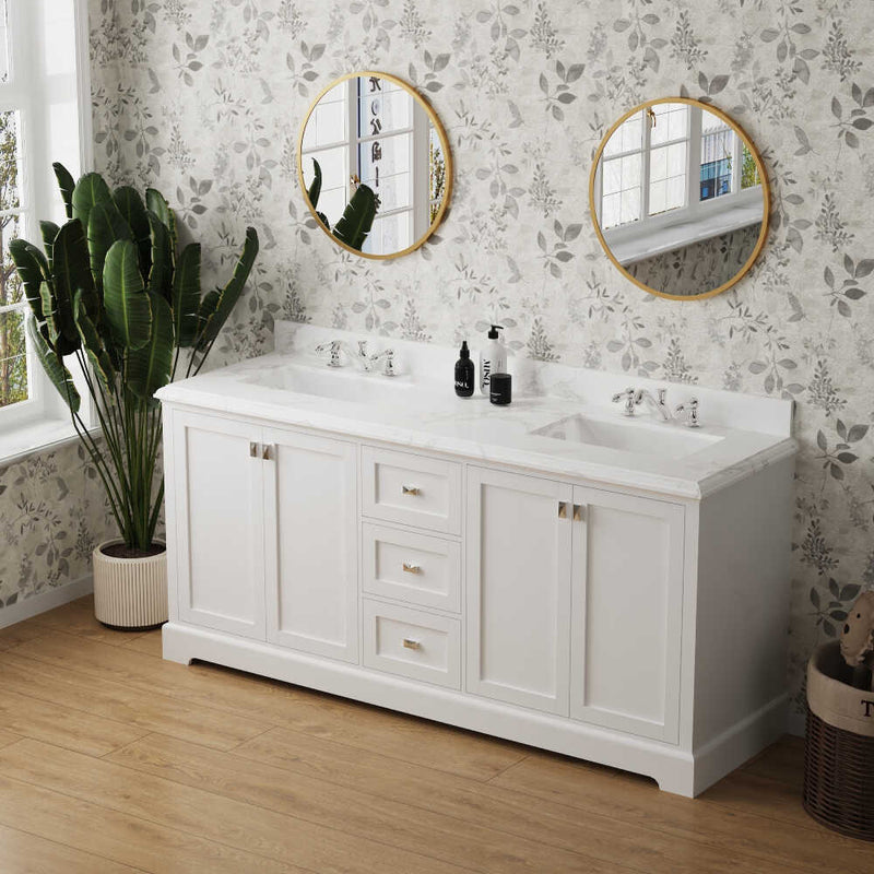 72" White Bathroom Vanity With Carrara Marble Countertop And Ceramic Sink (HBG90537)-HBG