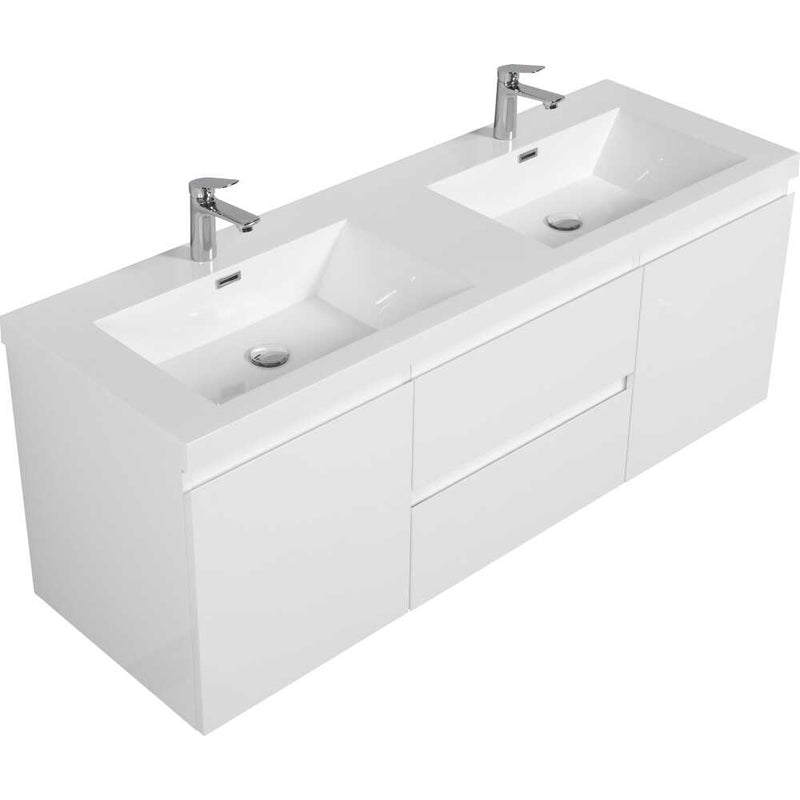 Modern White Floating Bathroom Storage Vanity Cabinet With Double Resin Top Basin 60" (HBG12851)-HBG