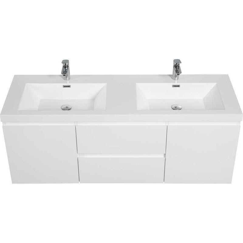 Modern White Floating Bathroom Storage Vanity Cabinet With Double Resin Top Basin 60" (HBG12851)-HBG