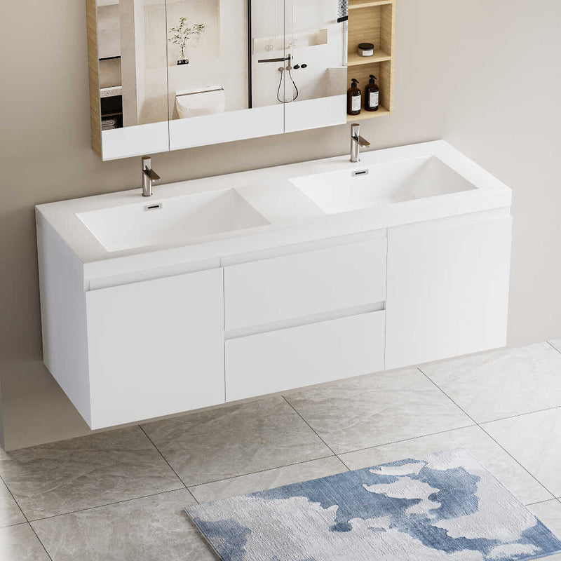 Modern White Floating Bathroom Storage Vanity Cabinet With Double Resin Top Basin 60" (HBG12851)-HBG