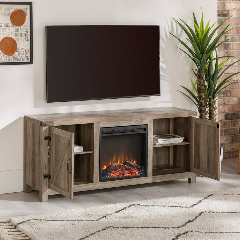 WALKER EDISON Farmhouse TV Stand With Electric Fireplace And Adjustable Shelves (HBG83567) - HBG