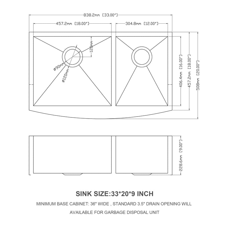 18 Gauge Dual 9" Deep Basin Double Bowl Farmhouse Stainless Steel Sink, 33" (9571684) - HBG