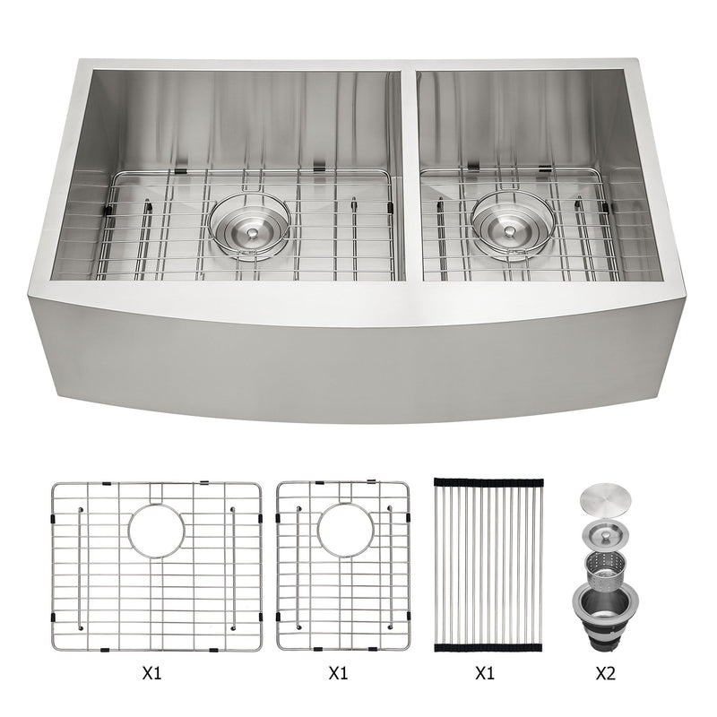 18 Gauge Dual 9" Deep Basin Double Bowl Farmhouse Stainless Steel Sink, 33" (9571684) - HBG