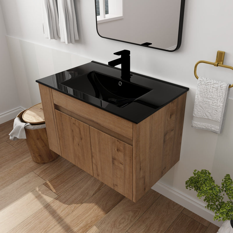 30" Modern Bathroom Vanity Set - Black Ceramic Basin with Adjustable Open Shelf (93146285) - HBG