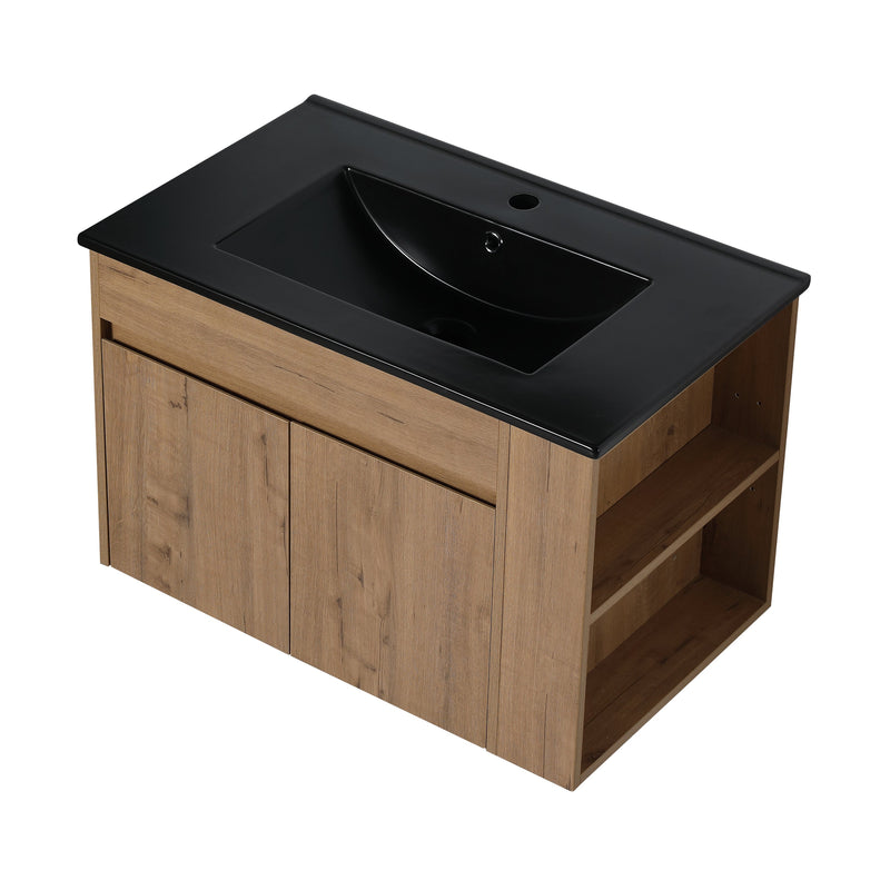 30" Modern Bathroom Vanity Set - Black Ceramic Basin with Adjustable Open Shelf (93146285) - HBG