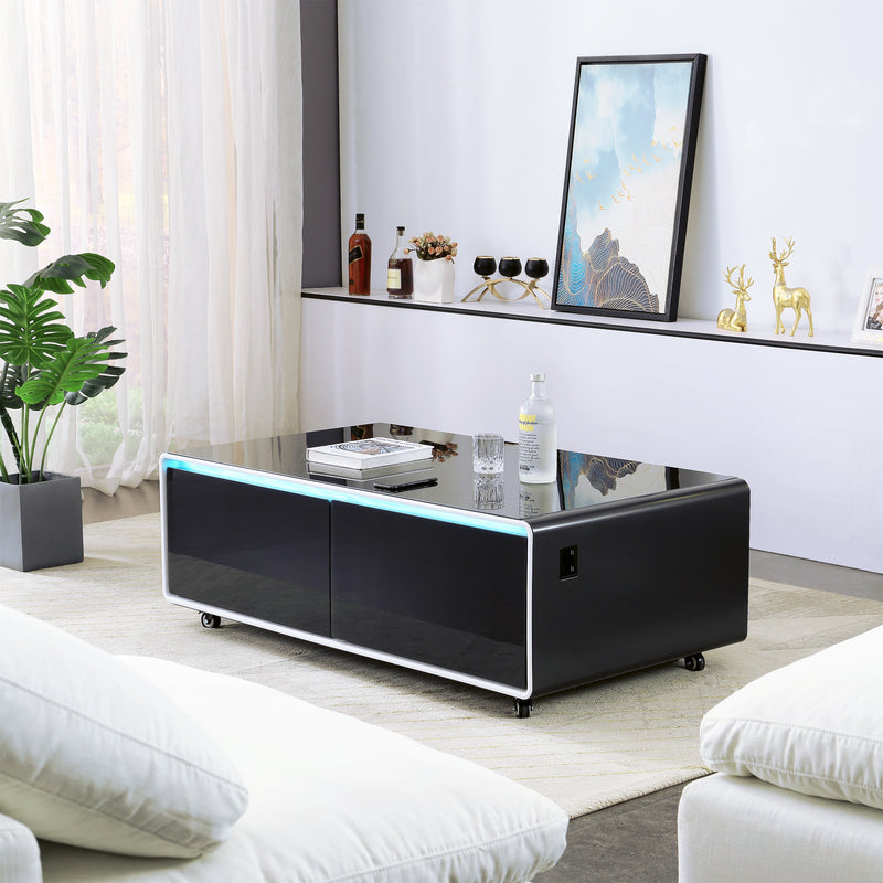 Multifunctional Smart Black Coffee Table Fridge With Tempered Glass & Storage (HBG26842)