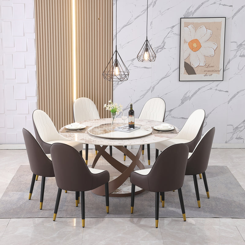 Premium Sintered Round Stone Dining Table With Turntable And 8 Chairs, 59" (HBG97835)