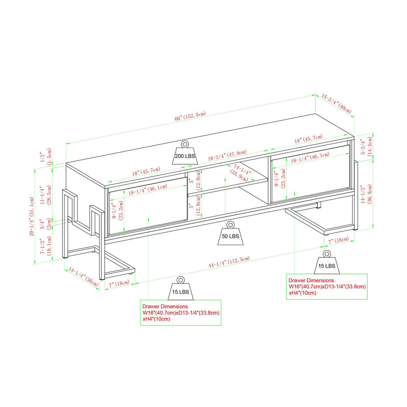 WALKER EDISON Modern TV Stand 2 Chamfered Top Drawers With Adjustable Shelving (HBG52817) - HBG  Measurement View