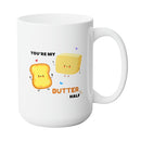 BUTTER HALF LOVE MUG - Premium Large White Round BPA-Free Cute Ceramic Coffee Tea Mug With C-Handle, 15OZ Front View