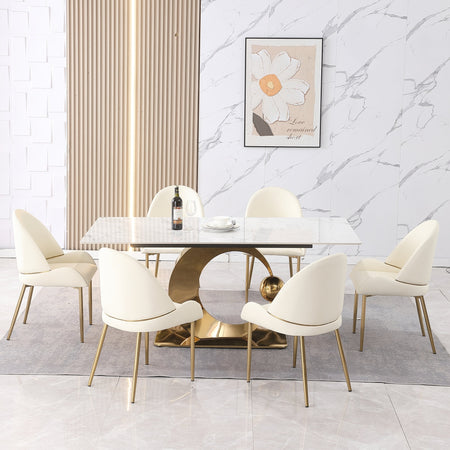 Carrara White Stone Dining Table Set W/ Gold Stainless Steel Base & 6 Chairs, 71" (HBG48521) - Home By GratiTea