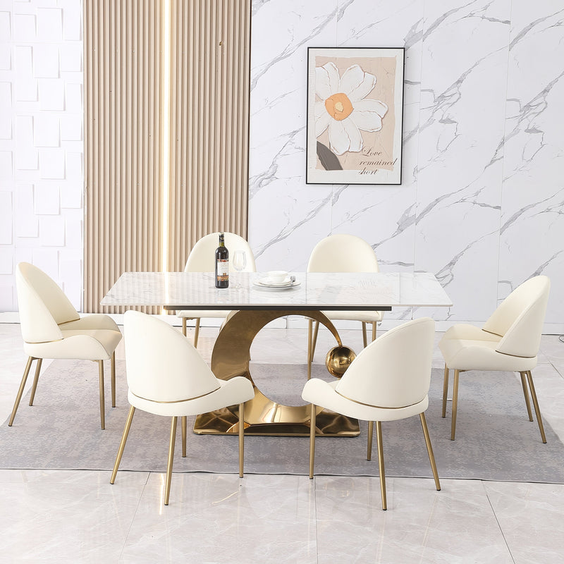 Carrara White Stone Dining Table Set W/ Gold Stainless Steel Base & 6 Chairs, 71" (HBG48521) - HBG