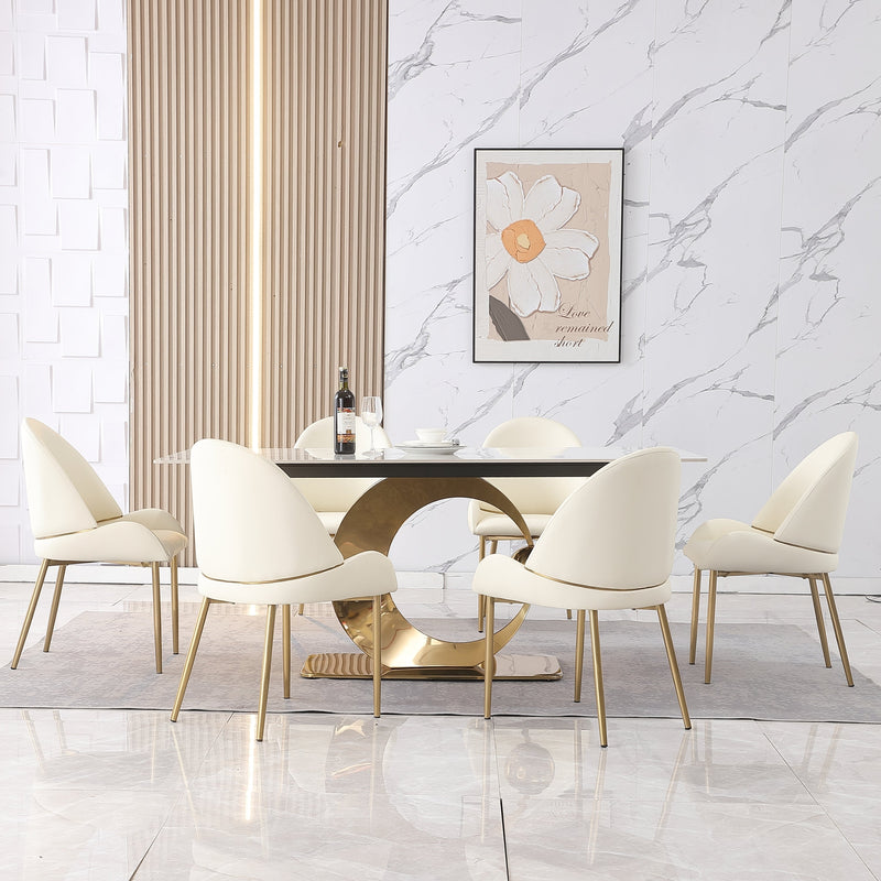 Carrara White Stone Dining Table Set W/ Gold Stainless Steel Base & 6 Chairs, 71" (HBG48521) - HBG