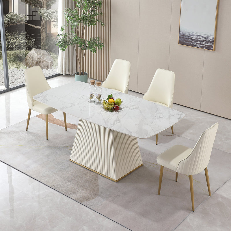 Carrara White Stone Dining Table With Striped Pedestal Base, 71" (HBG21473) - HBG