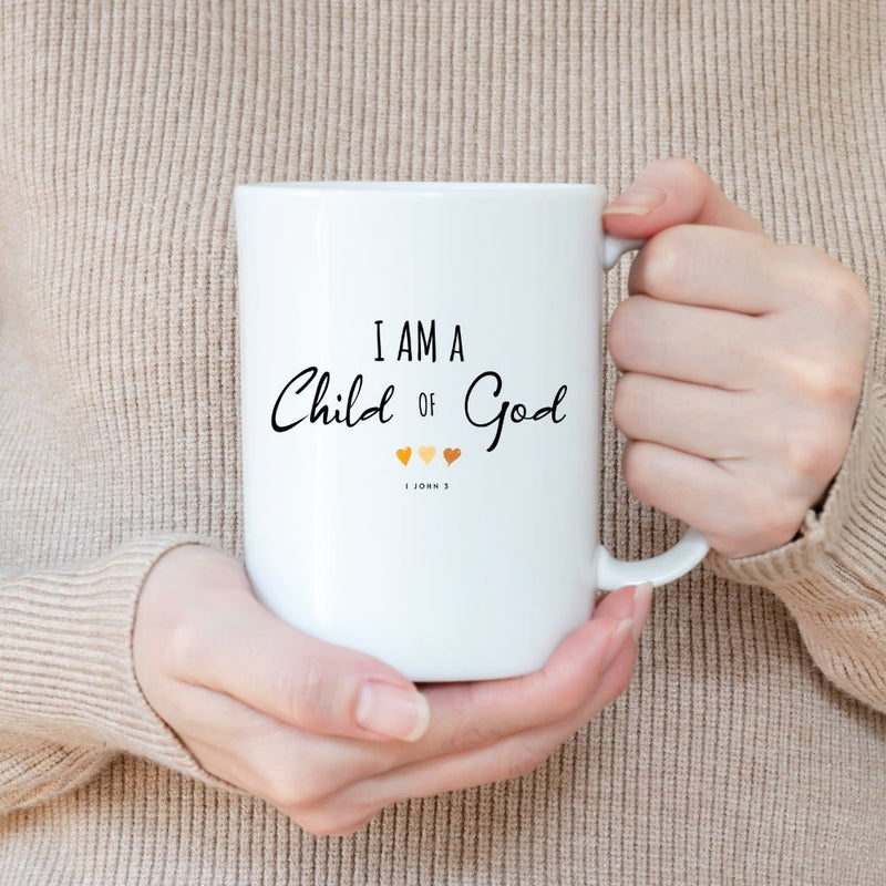 CHILD OF GOD FAITH MUG - Premium Large White Round BPA-Free Cute Ceramic Coffee Tea Mug With C-Handle,  Demonstration View