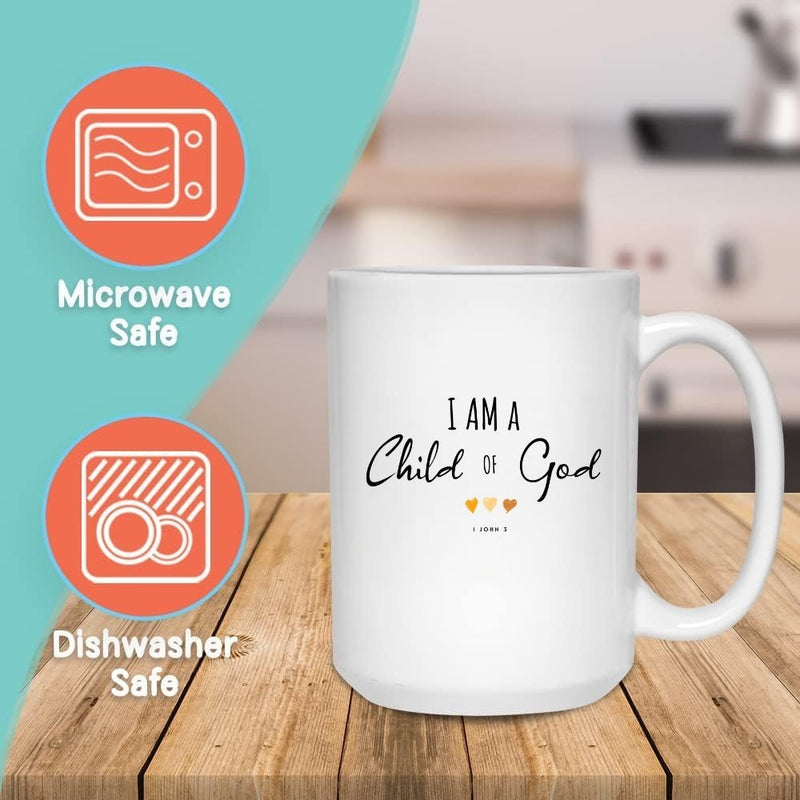 CHILD OF GOD FAITH MUG - Premium Large White Round BPA-Free Cute Ceramic Coffee Tea Mug With C-Handle, Features, Text View