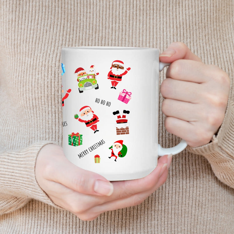 CHRISTMAS SANTA SEASONAL MUG - Premium Large White Round BPA-Free Cute Ceramic Coffee Tea Mug With C-Handle, In Use View