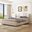 Elegant Queen Wingback Bed Frame With Drawers, Beige (96187531) - HBG