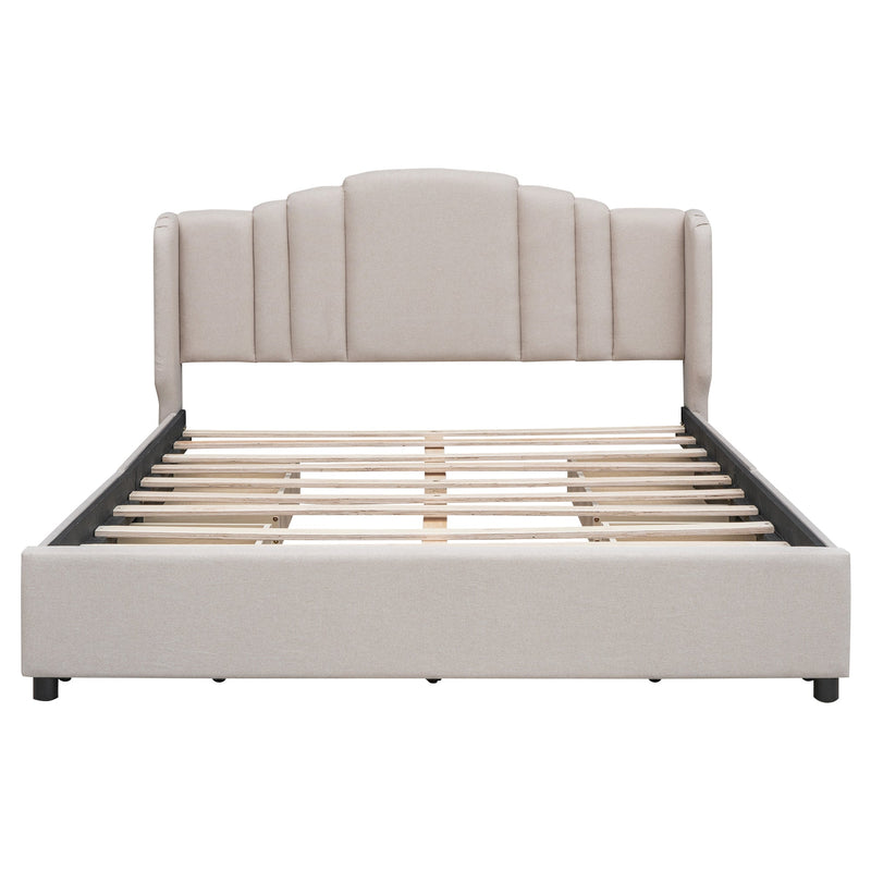 Elegant Queen Wingback Bed Frame With Drawers, Beige (96187531) - HBG