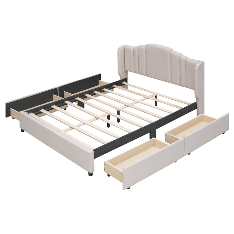 Elegant Queen Wingback Bed Frame With Drawers, Beige (96187531) - HBG