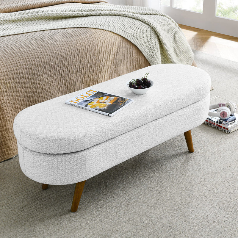 Elegant White Oval Ottoman Storage Bench With Rubber Wood Legs, 44" (93857142) - HBG