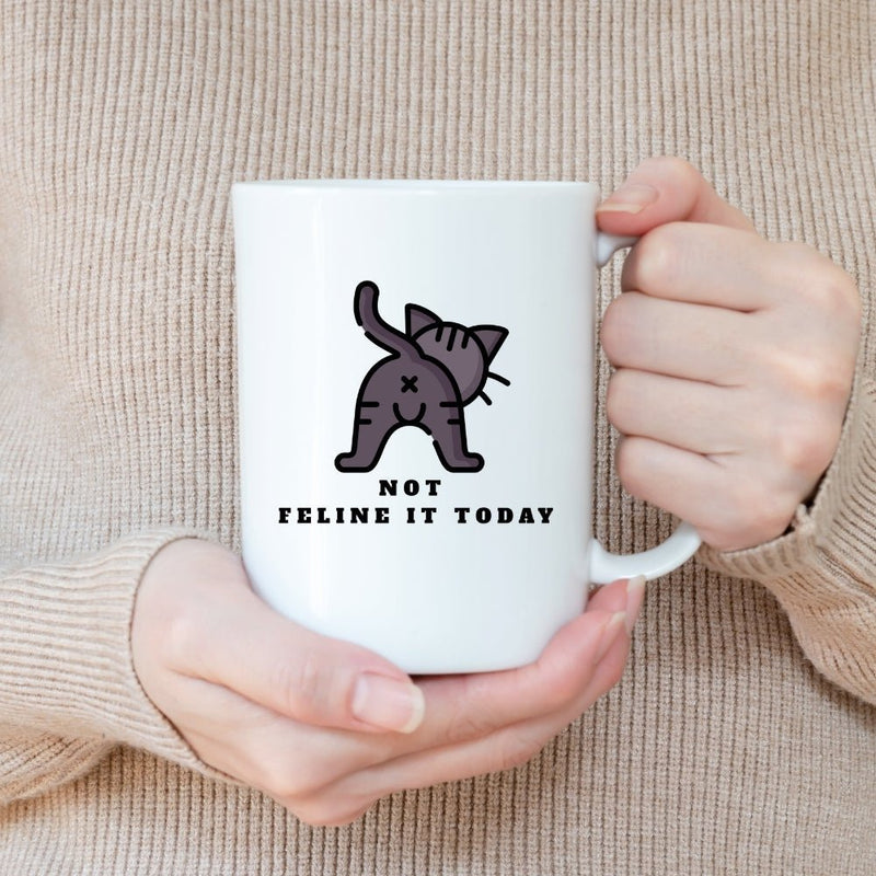 FELINE FUNNY MUG - Premium Large White Round BPA-Free Cute Ceramic Coffee Tea Mug With C-Handle, 15OZ Demonstration View