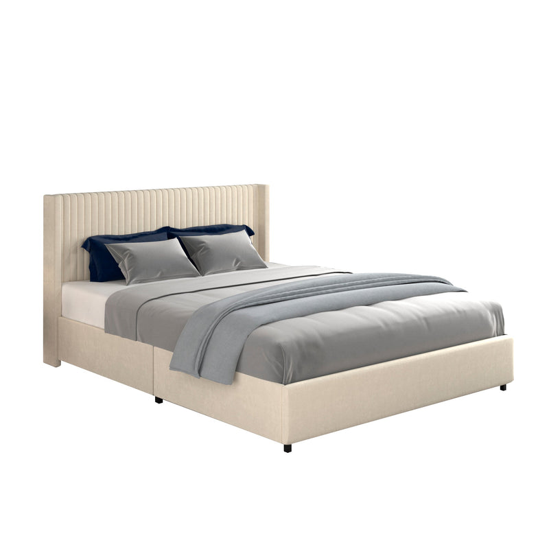 Large Anna Queen Size Upholstered Bed Frame With Wingback, Ivory (95716490) - HBG