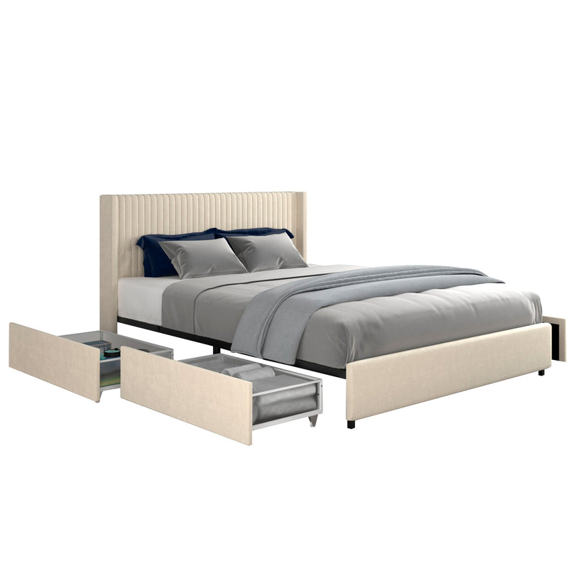 Large Anna Queen Size Upholstered Bed Frame With Wingback, Ivory (95716490) - HBG