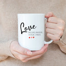 LOVE BEGINS LOVE MUG - Premium White Round BPA-Free Cute Ceramic Coffee Tea Mug With C-Handle, Demonstration View