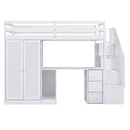 Minimalist Twin Loft Bed Frame With Wardrobe, Desk & Storage Drawers, White (96387541) - HBG