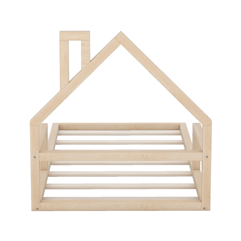 Minimalist Twin Wooden Floor Bed Frame With House Headboard, Natural (96357841) - HBG