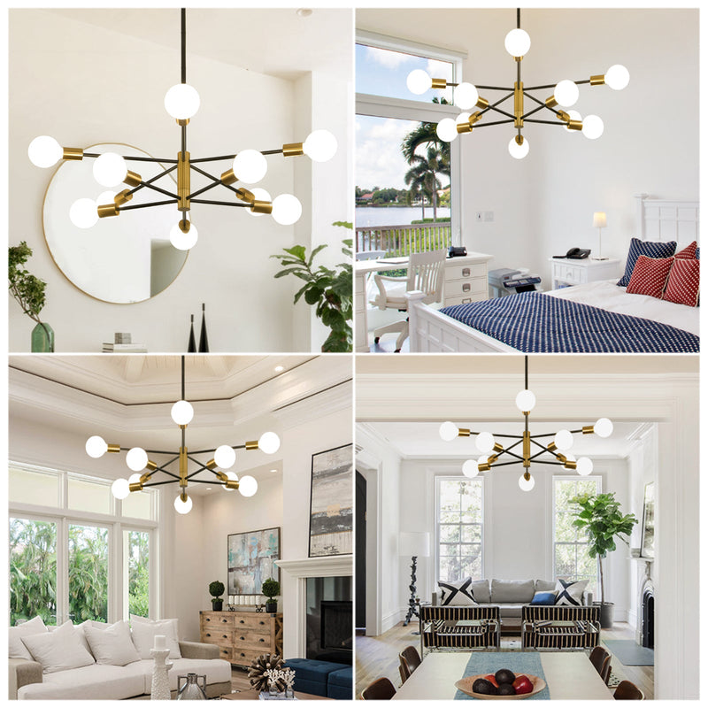 Modern 10-Bulb Black Gold Satellite Chandelier With Ivory Glass Lampshades (96251843) - HBG