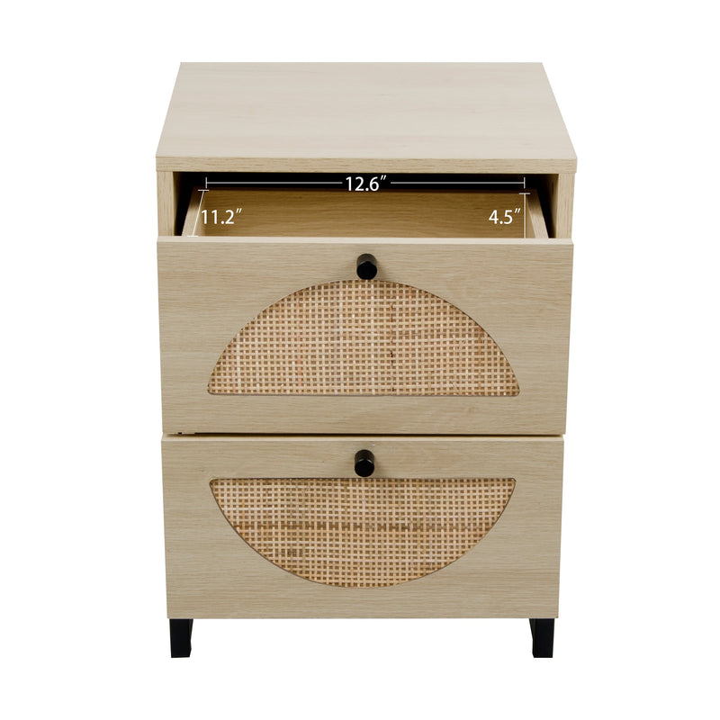 Modern Natural Rattan 2-Drawer Bedside End Table W/ Metal Base, 21" (HBG80147) - HBG