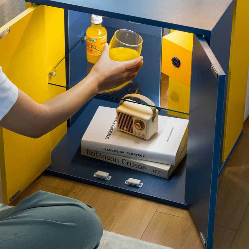 Modern Yellow And Blue Farmhouse LED End Table With Glass Shelves, 20" (96284153) - HBG