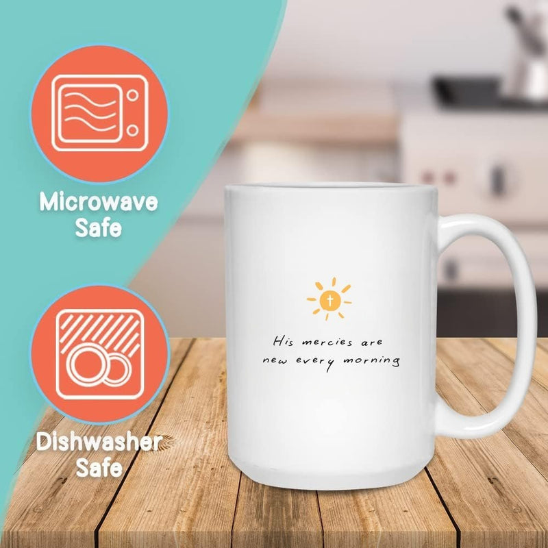 MORNING MERCIES FAITH MUG - Large White Round BPA-Free Cute Ceramic Coffee Tea Mug With C-Handle, Features, Text View