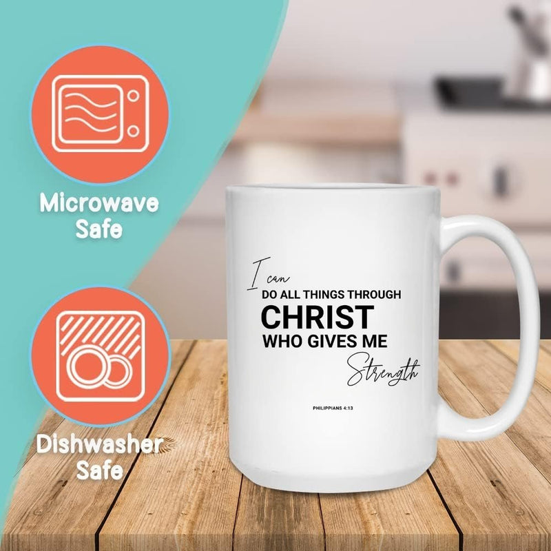 PHILIPPIANS 4:13 FAITH MUG - Premium Large White Round BPA-Free Cute Ceramic Coffee Tea Mug With Features, Text View