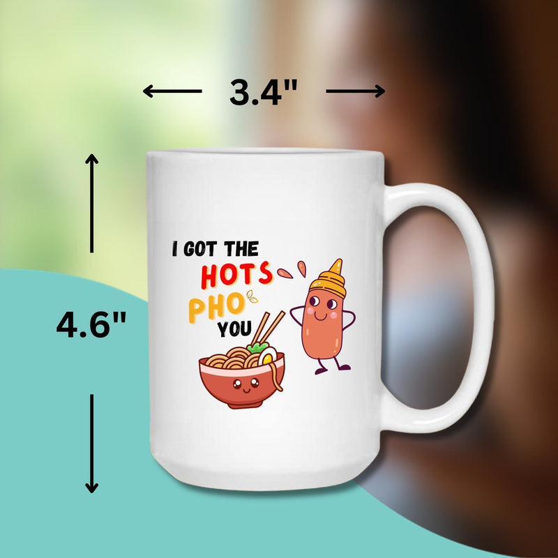 PHO LOVE MUG - Premium Large White Round BPA-Free Cute Ceramic Coffee Tea Mug With C-Handle, 15OZ Measurement View