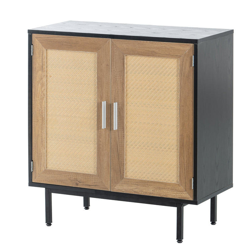 Premium Black Wooden Cabinet With Rattan Doors And Solid Metal Base, 32" (91753482) - HBG