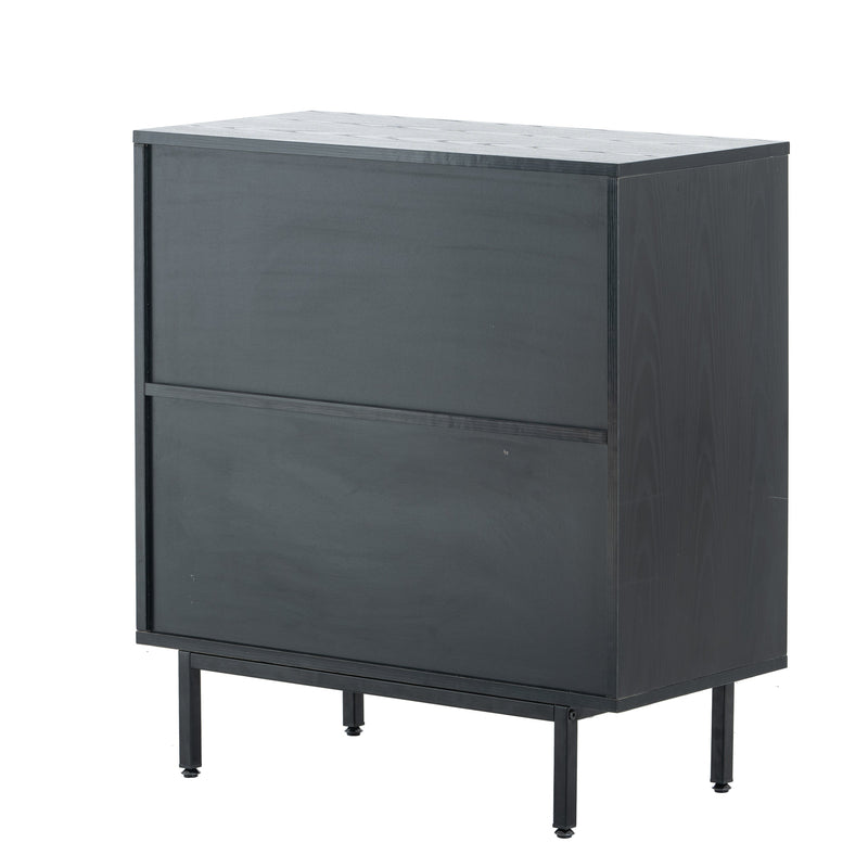 Premium Black Wooden Cabinet With Rattan Doors And Solid Metal Base, 32" (91753482) - HBG