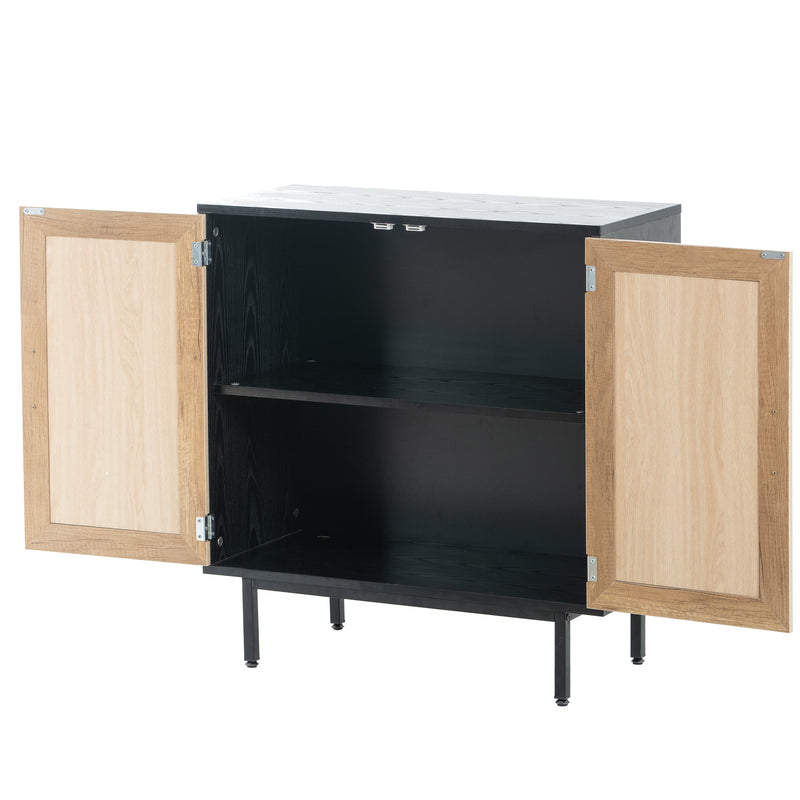 Premium Black Wooden Cabinet With Rattan Doors And Solid Metal Base, 32" (91753482) - HBG