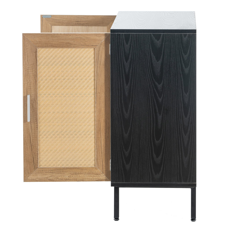 Premium Black Wooden Cabinet With Rattan Doors And Solid Metal Base, 32" (91753482) - HBG