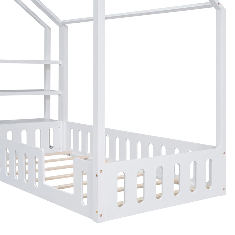 Premium Detachable Twin Wooden House Bed Frame With Shelves, White (96283614) - HBG