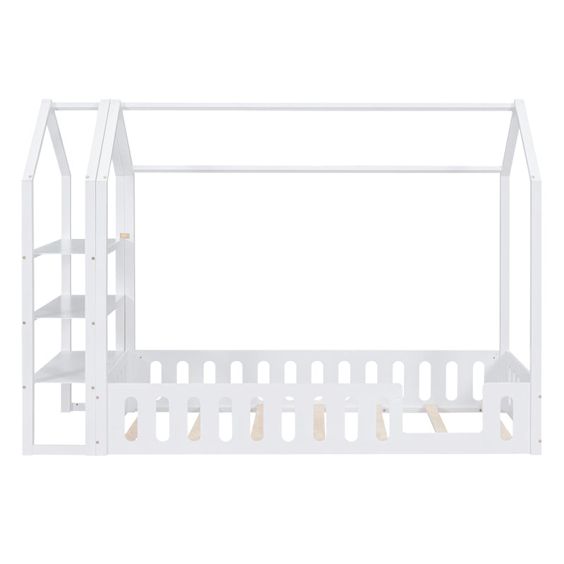 Premium Detachable Twin Wooden House Bed Frame With Shelves, White (96283614) - HBG