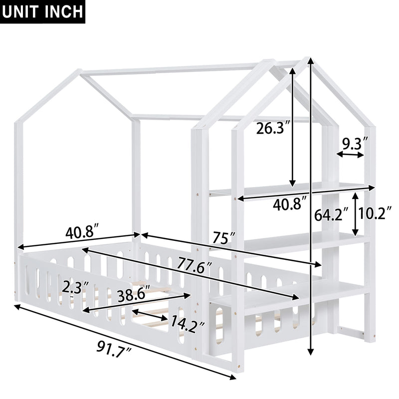 Premium Detachable Twin Wooden House Bed Frame With Shelves, White (96283614) - HBG