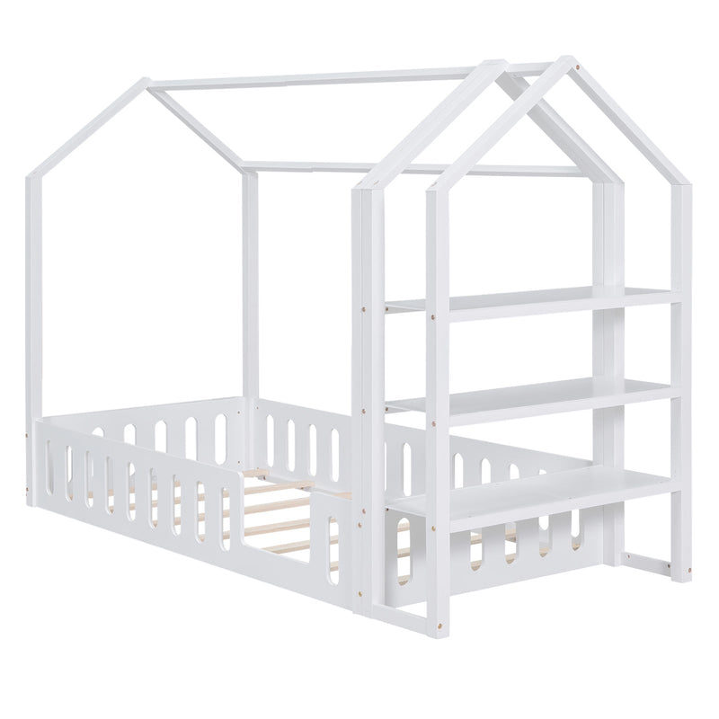 Premium Detachable Twin Wooden House Bed Frame With Shelves, White (96283614) - HBG