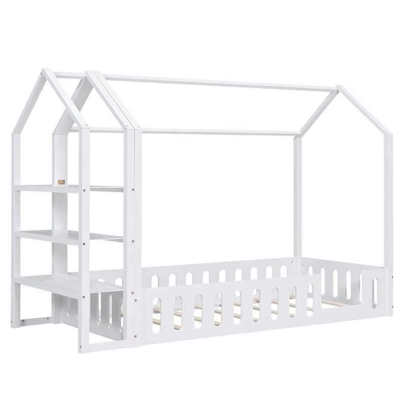 Premium Detachable Twin Wooden House Bed Frame With Shelves, White (96283614) - HBG