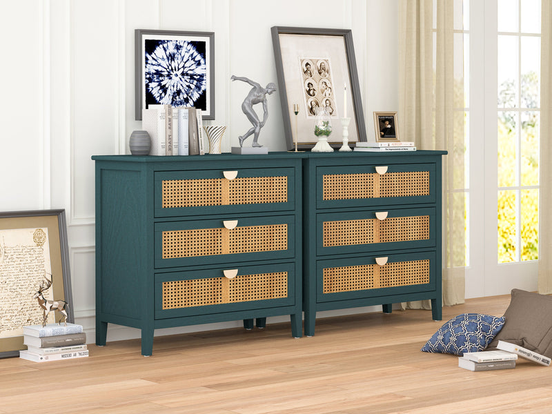 Premium Green 3-Drawer Natural Rattan Cabinet For Bedroom, Living & Study Room, 31" (95382415) - HBG