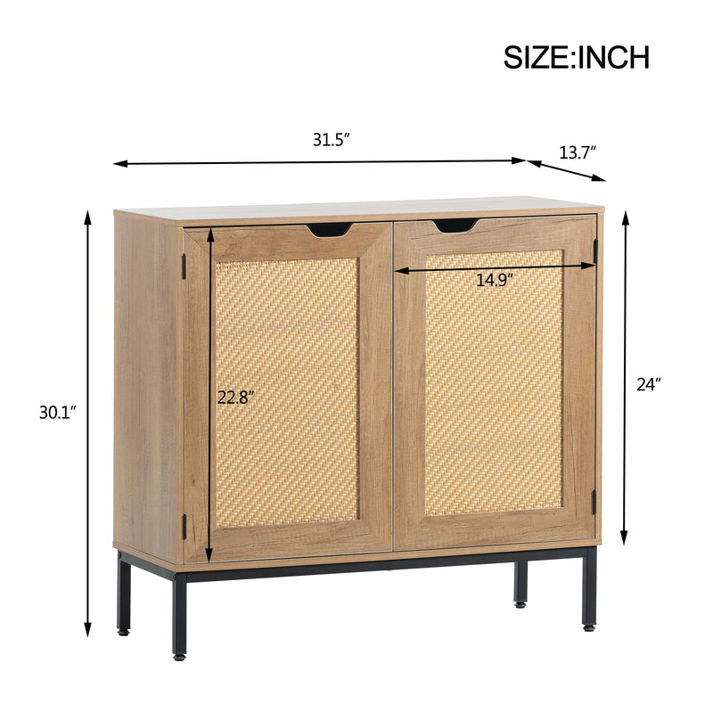 Premium Mid Century Natural Wood Rustic Accent Cabinet With Rattan Doors, 32" (97136524) - HBG