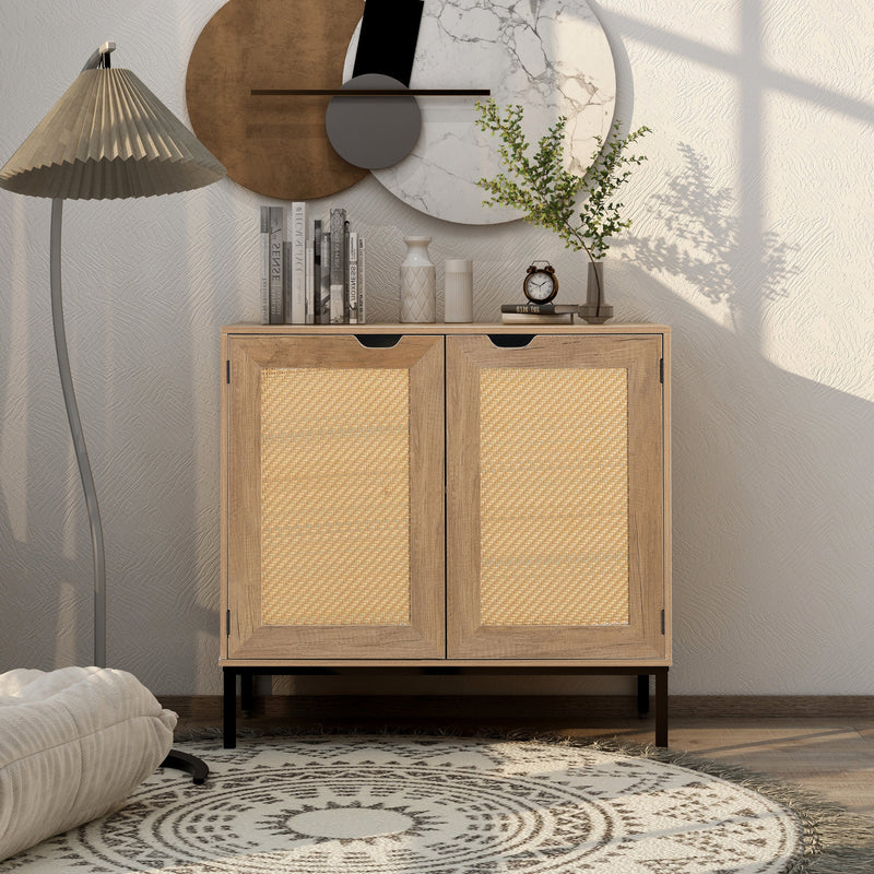 Premium Mid Century Natural Wood Rustic Accent Cabinet With Rattan Doors, 32" (97136524) - HBG